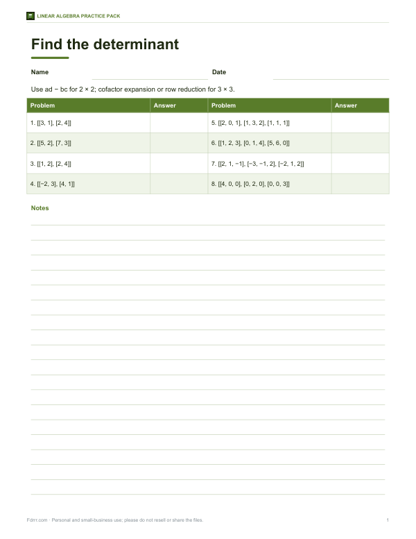 Preview of Printable Determinants Worksheet