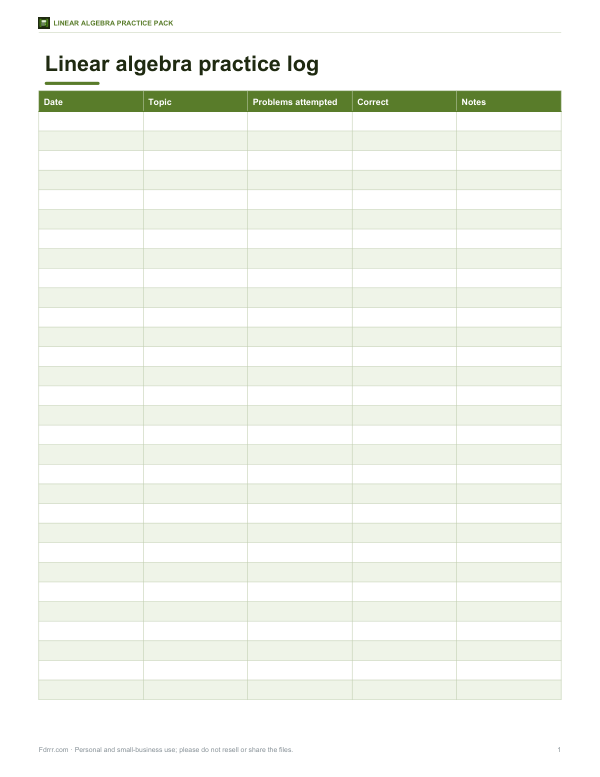 Preview of Printable Linear Algebra Practice Log